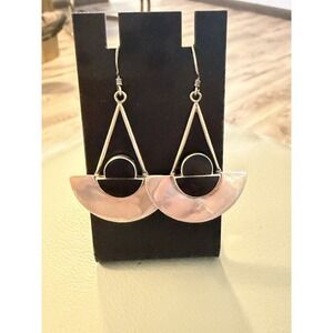 Lovely Vintage 925 Sterling Silver Art Deco Design Black Onyx Earrings #370